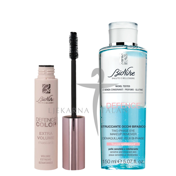 BioNike DEFENCE COLOR Maskara „Extra volume“ + POKLON Dvofazni uljno-vodeni čistač šminke