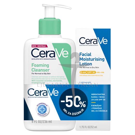CeraVe Pjenušavi gel za čišćenje 236ml + Hidratantna njega SPF50 52ml