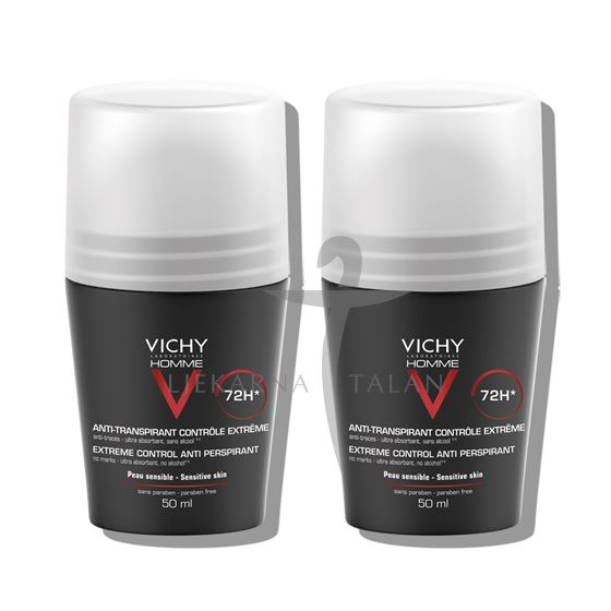 Vichy Deodorant Homme Antiperspirant roll-on za zaštitu od znojenja do 72h DUOPACK (bijeli)